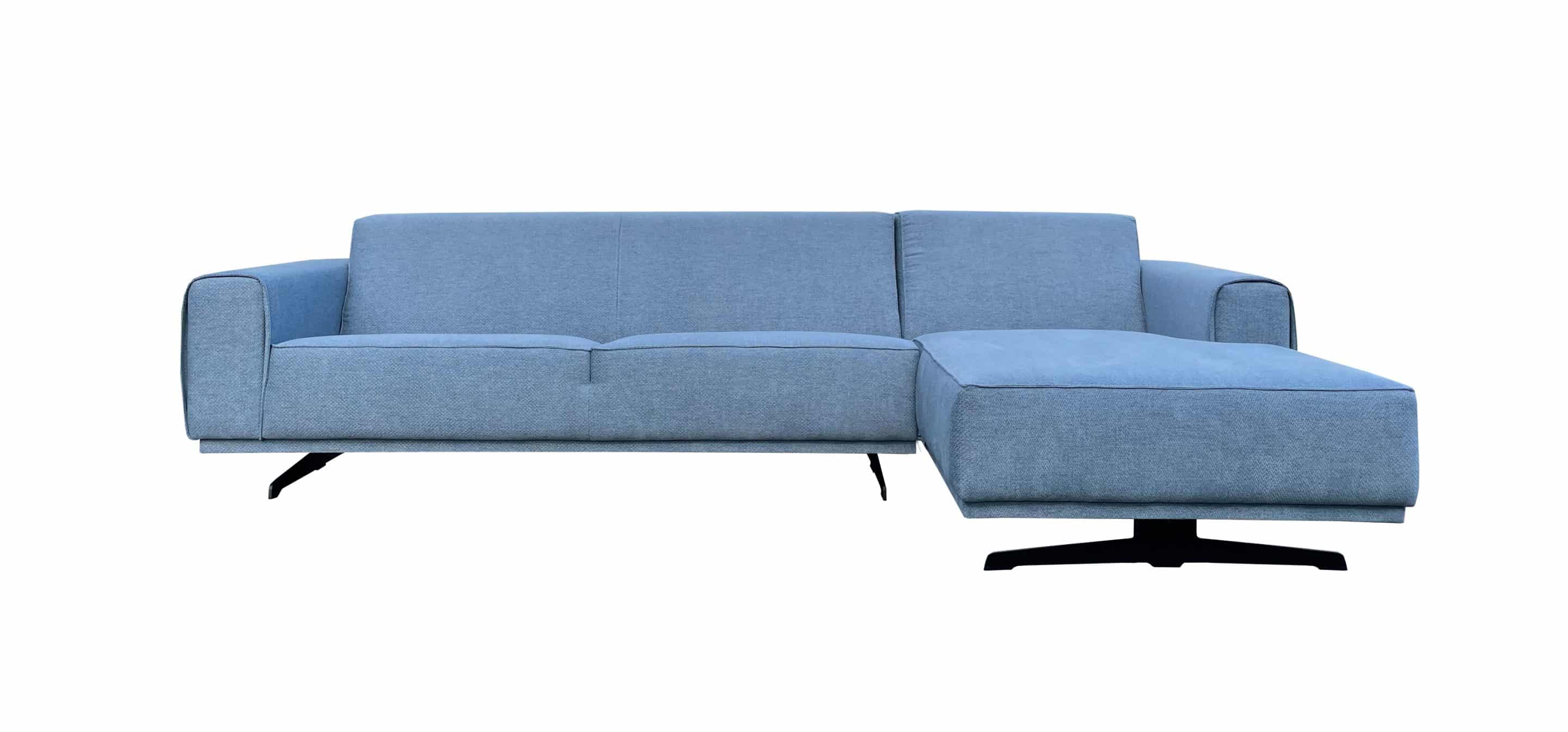 Loungebank Mark chaise longue in blauwe stof met zwarte slede poten